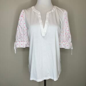 LOFT White Puff Sleeve Blouse Pink Orange Embroidered Polka Dots Sz Medium